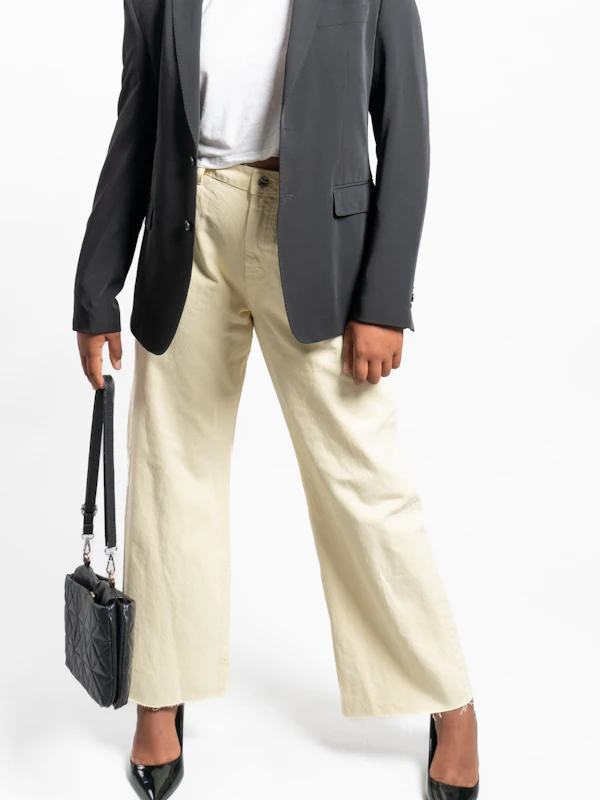 Day 1: Grey blazer · white top · cream wide-leg trousers